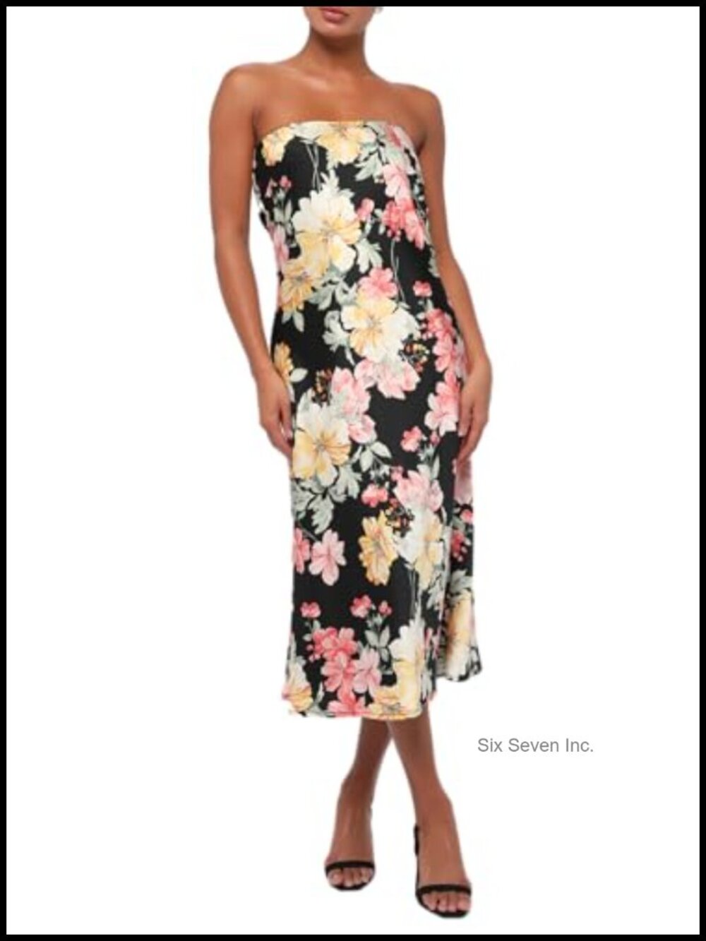 Strapless Floral Print Midi Cocktail Dress